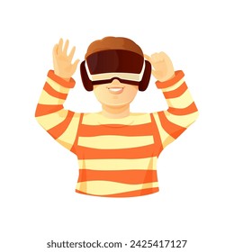 Boy wearing VR glasses putting hands out in excitement isolated on white background.