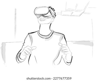 Boy wearing VR Glasses Vector storyboard. Innovation and Communication in Metaverse Digital Virtual Reality concept 