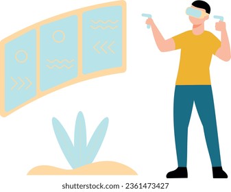 A boy wearing VR goggles looks at the screen.