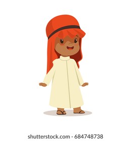 Boy wearing in white dress and red muslim headdress, national costume of Saudi Arabia colorful character vector Illustration