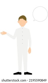 Boy wearing white school uniform, Talk to me (with speech bubble)