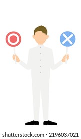 Boy wearing white school uniform, Have a marbled stick for answering questions.