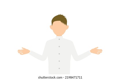 Boy wearing white school uniform, Gestures with outstretched arms