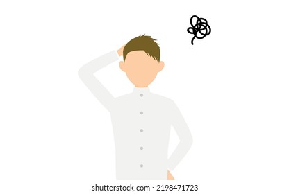 Boy wearing white school uniform, Put his hand on his head in trouble.