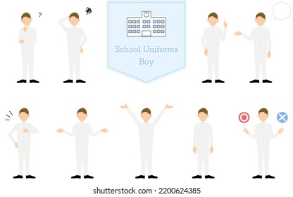 Junge, die eine weiße Schuluniform tragen, gestellt Set, Fragen, Verlegenheit, Zeige, Reden, etc.