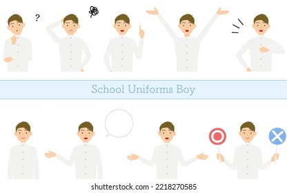 Boy wearing white school uniform, posed set, Questioning, embarrassment, pointing, talking, etc.