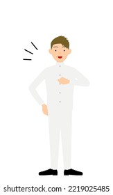 Boy wearing white school uniform, Leave it to me to beat my chest.