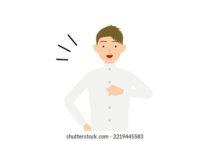 Boy wearing white school uniform, Leave it to me to beat my chest.