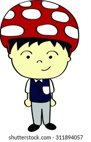 A boy is wearing white-red mushroom-styled hat on white background