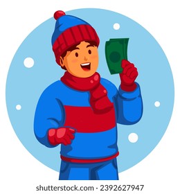 Niño con ropa de invierno sosteniendo un dinero