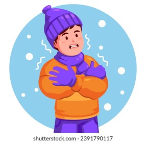 Boy Wearing a Winter Hat and Scarf feels shivering from the cold