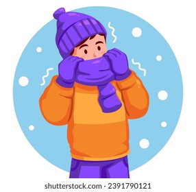 Boy Wearing a Winter Hat and Scarf feels shivering from the cold