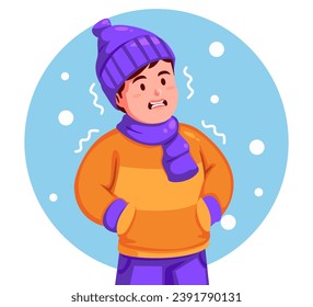 Boy Wearing a Winter Hat and Scarf feels shivering from the cold