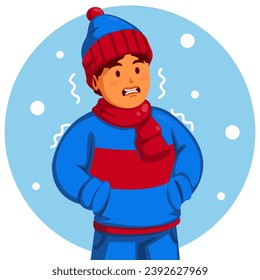 Boy Wearing a Winter Hat and Scarf feels shivering from the cold