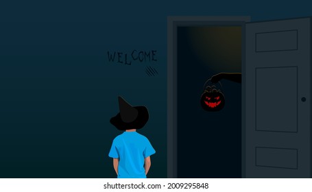 A boy wearing witch's hat is standing in front of the horror hand with Jack O Lantern bucket on Halloween night, Flat illustration vector.