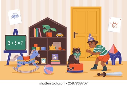 A boy wearing a wizard hat pretends to perform a magic trick on a cat in a playful, colorful children's room. Shelves, toys, and drawings decorate the background. Vector illustration