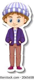 Un niño lleva la chaqueta de un bombardero caricaturista ilustración de un sticker