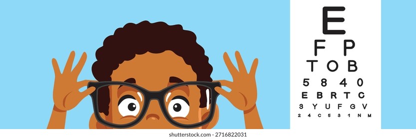 
Boy Wears Glasses at Eye Checkup Vector Illustration. Child having his eyes checked wearing prescription glasses
