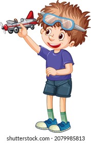 A boy wears glasses playing airplane toy illustration