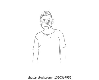 The boy wears a mask to prevent dust.drawing with line-art on white backgrounds.vector illustration.