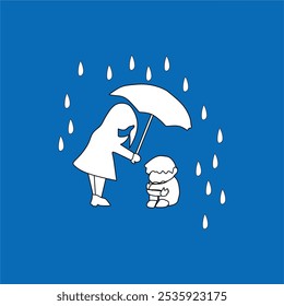 Boy Wears Umbrella With Older Sister, Line Silhouette