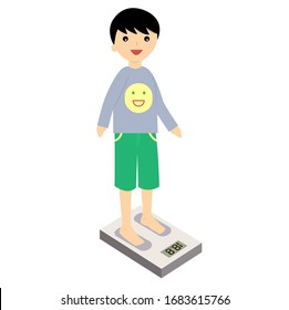 a boy weighing on digital scale vector