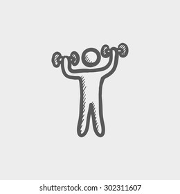 Boy in weight training sketch icon for web and mobile. Hand drawn vector dark gray icon on light gray background.