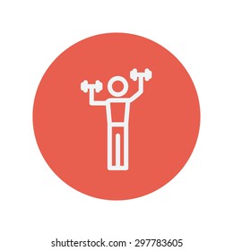 Niño en entrenamiento de peso icono de línea delgada para diseño de web y móvil minimalista plano. Icono blanco vector dentro del círculo rojo.