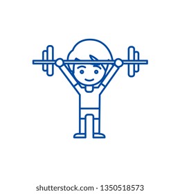 Boy weights up line icon concept. Boy weights up flat  vector symbol, sign, outline illustration.