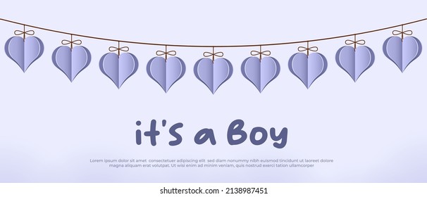 Its a boy. Welcome greeting card for childbirth with hanging hearts. Vector illustration