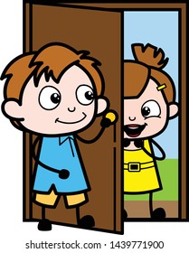 Boy Welcoming a Girl - School Boy Cartoon Character Vector Illustration