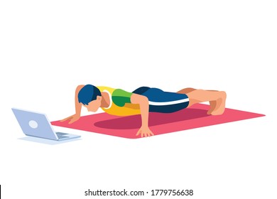 Boy wellness, sports at home by workout doing. Healthy workout for the body, home indoor sports for male wellness. Training male indoors for body health concept. Cartoon style vector illustration