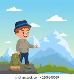 El chico fue a caminar por la naturaleza. Los chicos se quedan en el paisaje montañoso. Viajes de niños, turismo y senderismo. Ilustración del vector