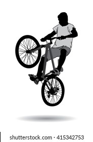 The boy went for a walk on the bike. Teenager making tricks on a bicycle. Silhouette on a white background.