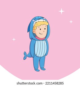 Boy In A Whale Costume. Happy Kid Wearing In Animal Costume. Cartoon Vector Illustration