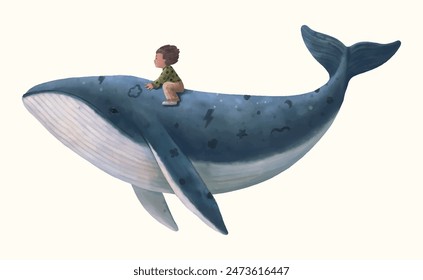 Boy and whale watercolor vector illustration. animal wildlife.