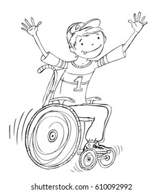 Boy in the wheel chair during the sport activities. Illustration