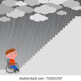 Boy in wheel chair near a big staircase vector illustration