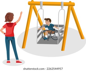 Niño en silla de ruedas disfrutando del columpio en el patio de recreo con su joven madre. Cambio adaptativo. Ilustración vectorial de personas con discapacidad.