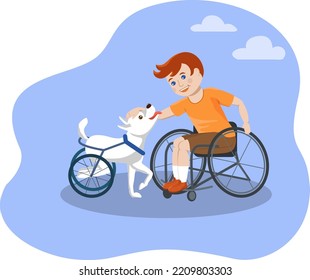 A boy in a wheelchair is happily petting a dog with a disability.
