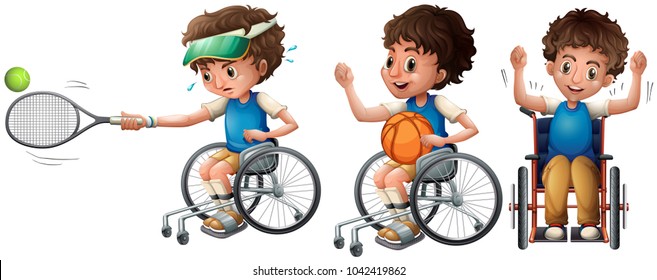 Boy in wheelchair playing tennis and basketball illustration