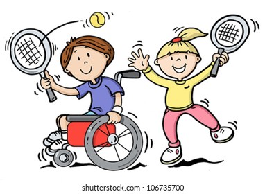 Boy in Wheelchair playing tennis with girl