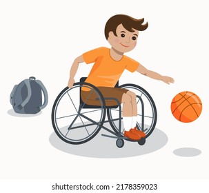 Un niño en silla de ruedas juega baloncesto después de la escuela.