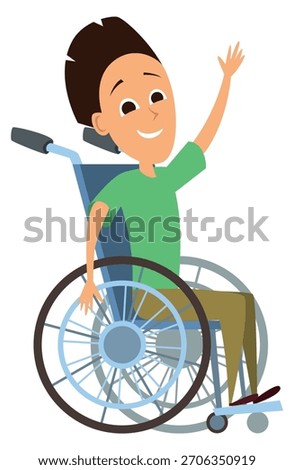A boy in a wheelchair is smiling and waving