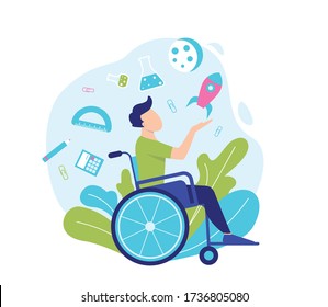 A boy in a wheelchair is studying at school. A symbol of inclusive school or distance learning. Flat vector illustration.