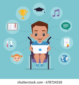 A boy in a wheelchair is studying via the Internet