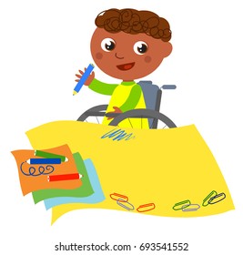 Boy in wheelchair writing with on yellow paper, vector cartoon illustration