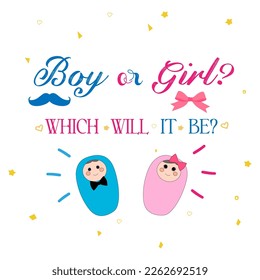 Boy or girl? Which will it be? Gender reveal party card, banner vector element design