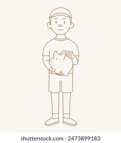 boy with white cap putting coin into piggy bank in line art style. Savings concept
