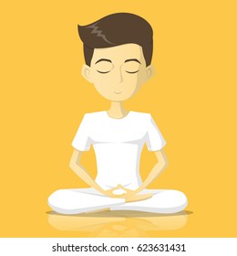 a boy in white clothes meditate vector illustration